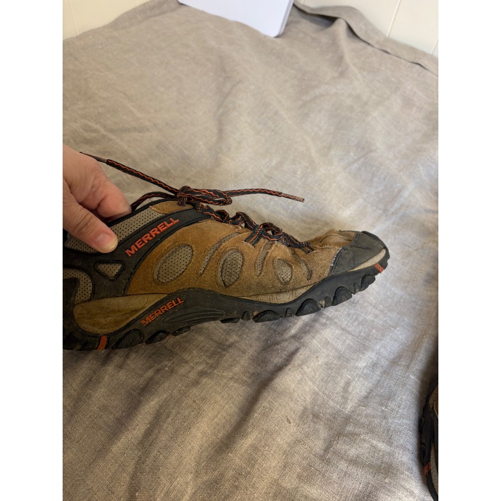 Merrell Mens Hiking Shoes Brown Black Orange Suede Mesh Low Top Trail Sneakers - Picture 3 of 13